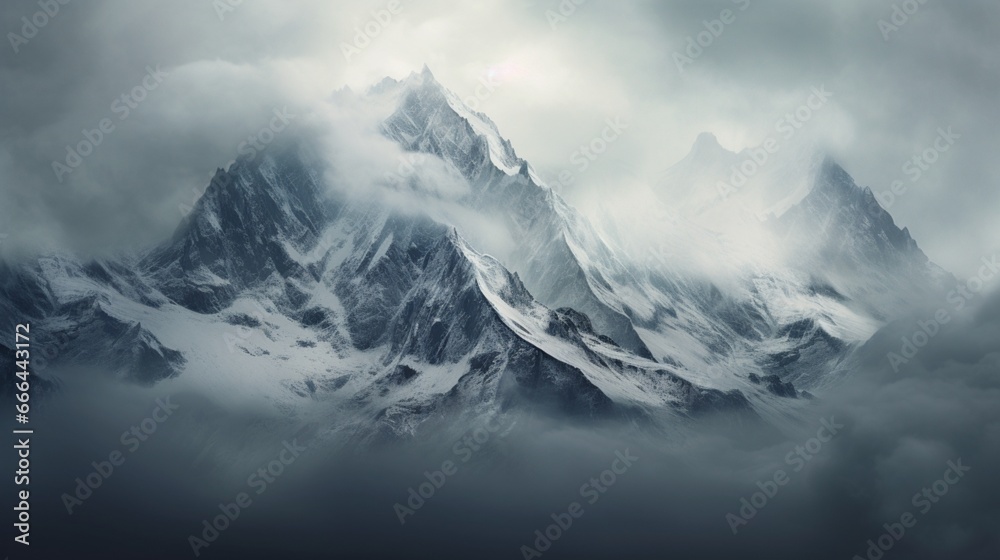 Rugged mountain peaks dusted with snow, piercing through a blanket of clouds.