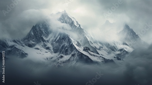 Rugged mountain peaks dusted with snow, piercing through a blanket of clouds. © baloch