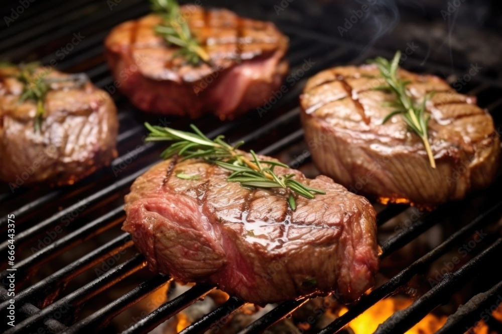 close-up of juicy steaks cooking on the grill