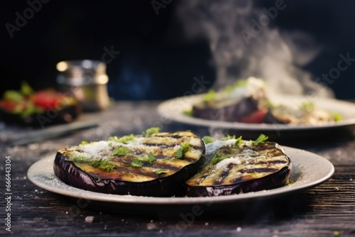 grilled eggplant halves on a plate with smoke lingering around photo