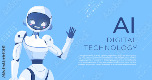 Robot woman waved his hand. AI Content Generator. Chatbot technology. Technology and engineering concept. AI chatbot based on artificial intelligence and neural networks. Online web banner.