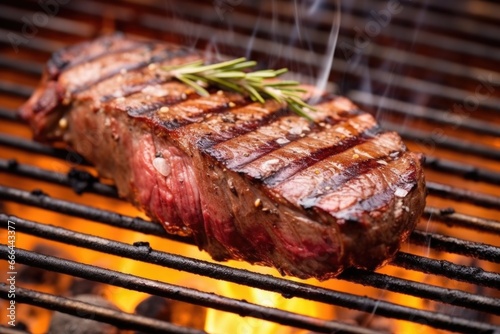 close view of a flipped steak on the grill