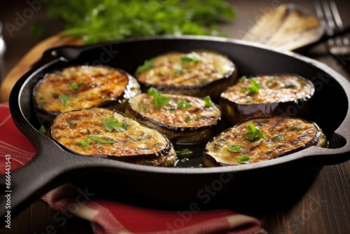 sizzling eggplant cutlets on a hot cast-iron skillet