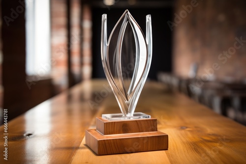 a glass award trophy on a wooden stand