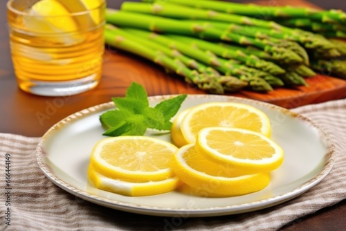 lemon slices next to a plate of crispy asparagus