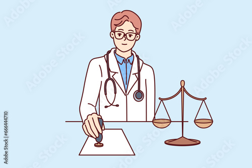 Doctor puts stamp on legal document demonstrating approval of medical legislation or right to receive insurance benefits. Concept legislation protecting doctor from criminal prosecution