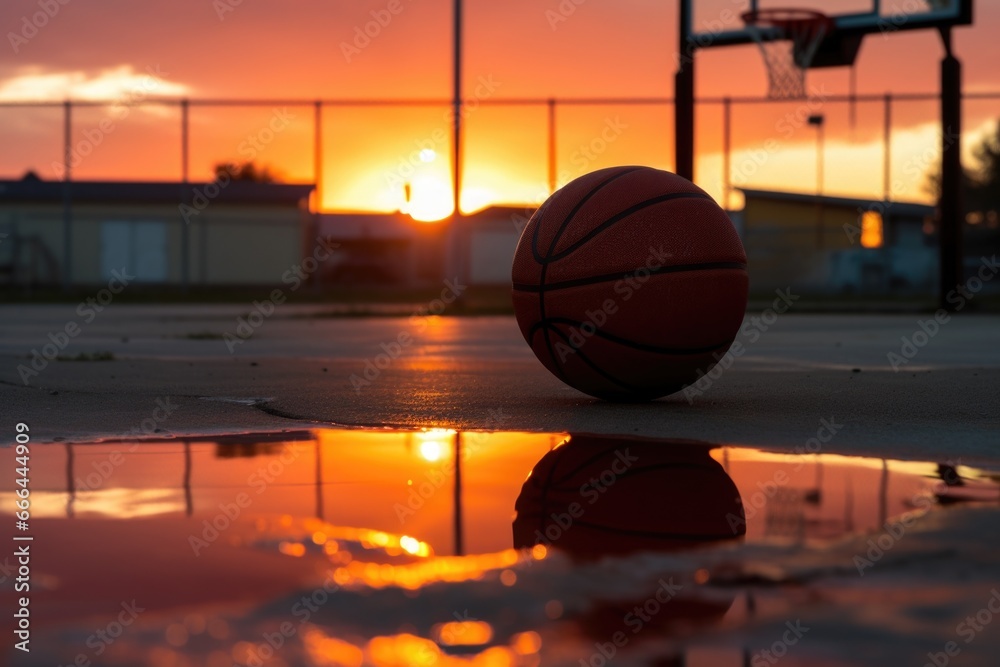 basketball left abandoned on an empty court at sunset