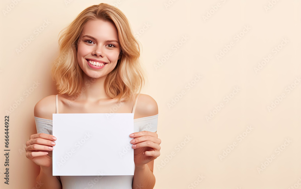 A young blonde woman with a white shirt holding a blank card and smiling on a pastel orange background. Copy space for text, advertising, banner, presentation. A young blonde woman with a white shirt holding a blank card and smiling on a pastel orange background. Copy space for text, advertising, banner, presentation.