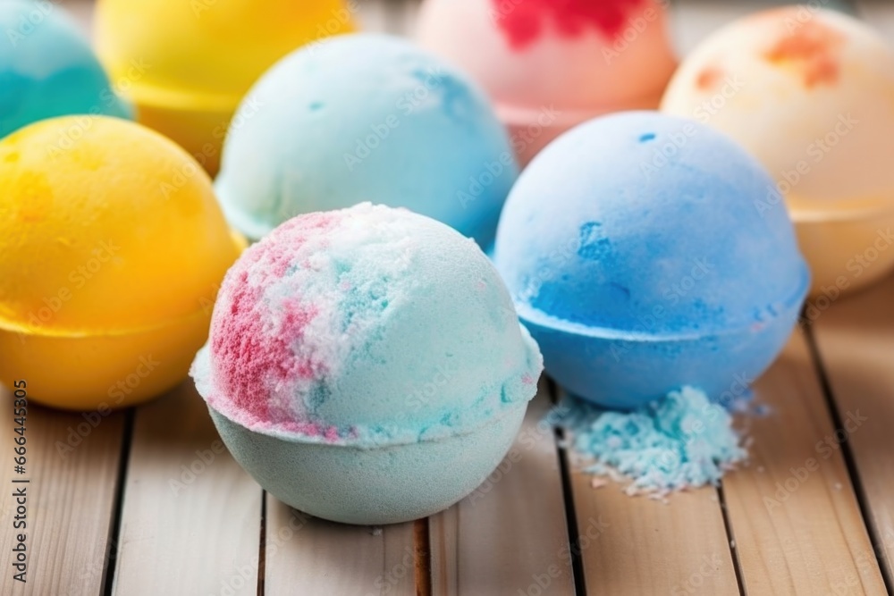 Obraz premium close-up shot of round bath bomb molds on wooden table