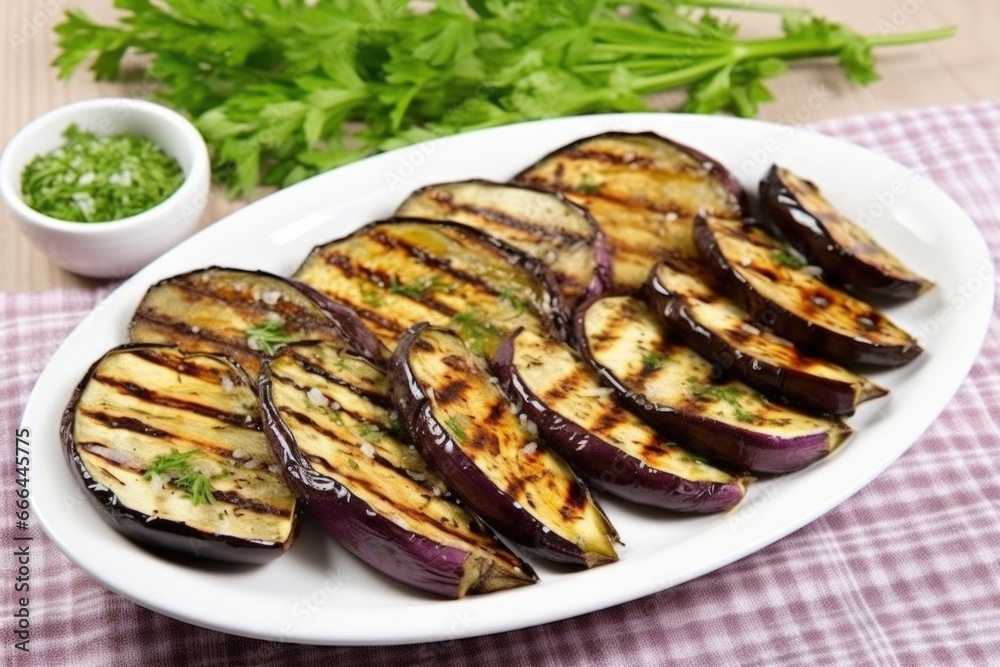 grilled eggplants split down the middle, displayed on a white dish grilled eggplants split down the middle, displayed on a white dish