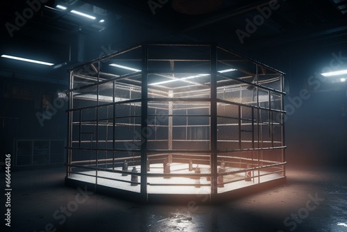 3D rendered scene featuring an enclosure for fighting matches with powerful lights. Generative AI