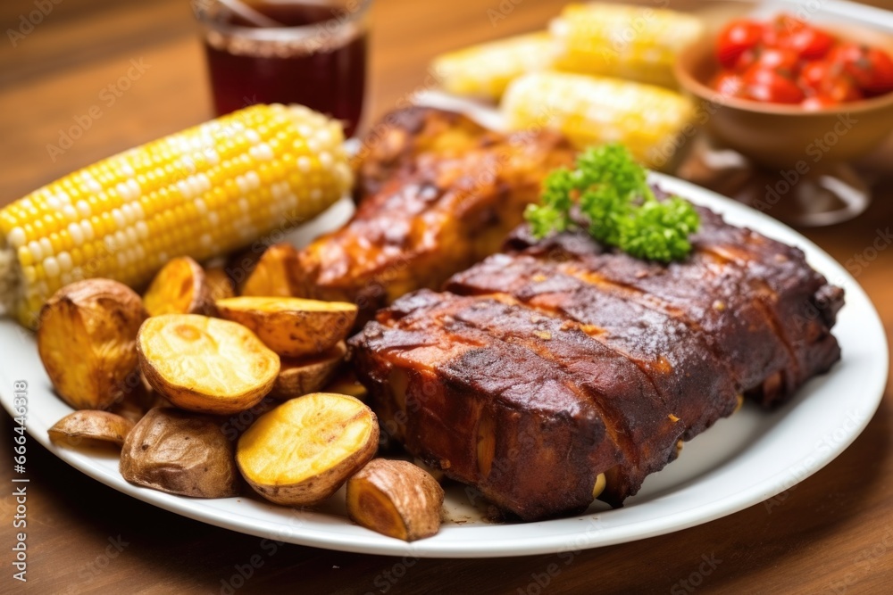 bbq tempeh ribs served with baked potatoes and corn