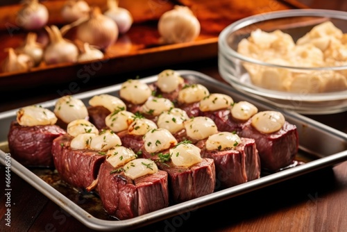 halved garlic bulbs beside a glazed beef roast on tray