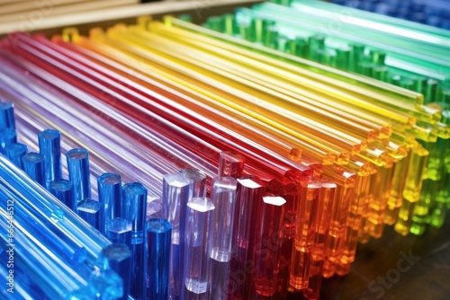 assorted clear and colored glass rods on a workbench