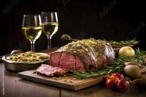 medium-rare beef roast with garlic and rosemary on a rustic wooden board