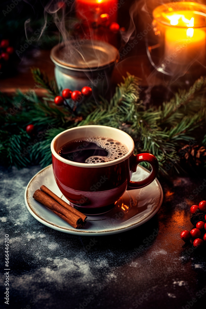A cup of hot drink on a Christmas background. Generative AI, A cup of hot drink on a Christmas background. Generative AI,