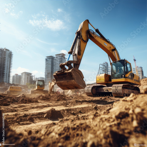Big yellow excavator working on site. Shovel loading the soil or gound. Heavy truck mining machinery concept.