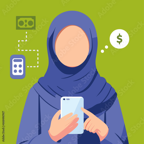Muslim woman using smartphone for mobile banking transactions, faceless illustration