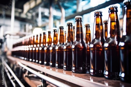 a variety of bottled beers lined up on an assembly line