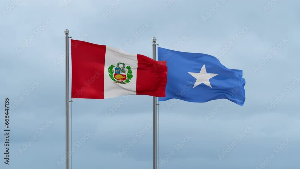 Somalia and Peru flag waving together on cloudy sky, endless seamless loop, two country cooperation concept Somalia and Peru flag waving together on cloudy sky, endless seamless loop, two country cooperation concept