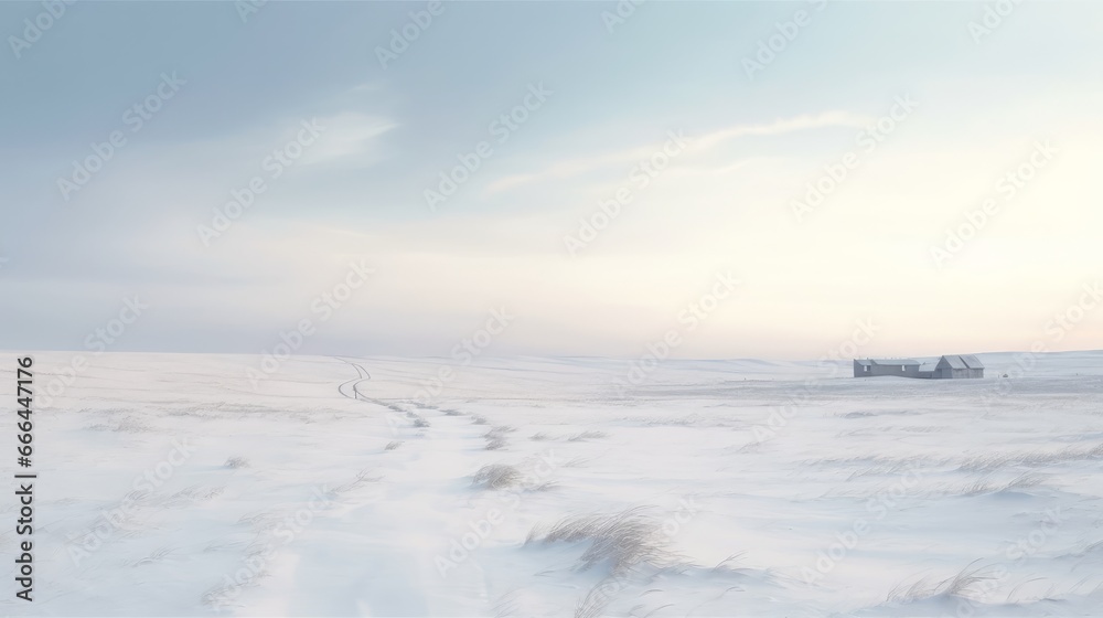 A minimalistic winter landscape with a snowy field and a distant horizon. AI generated