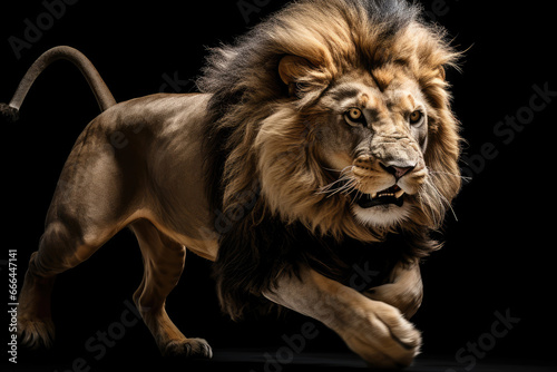 Running lion on black background