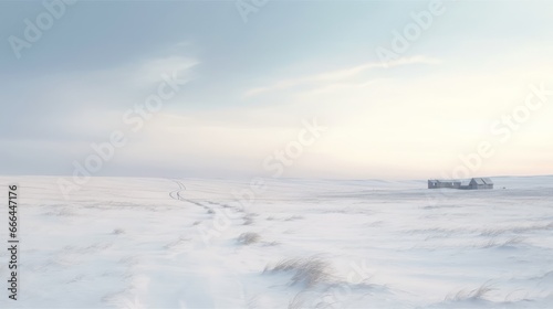 A minimalistic winter landscape with a snowy field and a distant horizon. AI generated © PandaStockArt