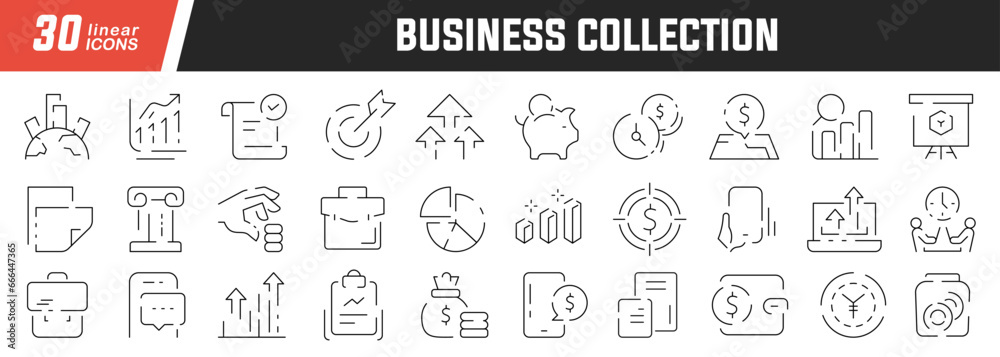 Business linear icons set. Collection of 30 icons in black