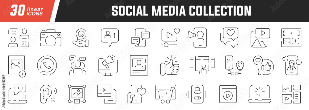 Social media linear icons set. Collection of 30 icons in black Social media linear icons set. Collection of 30 icons in black
