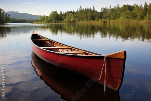 beautifully varnished wooden canoe on a lake