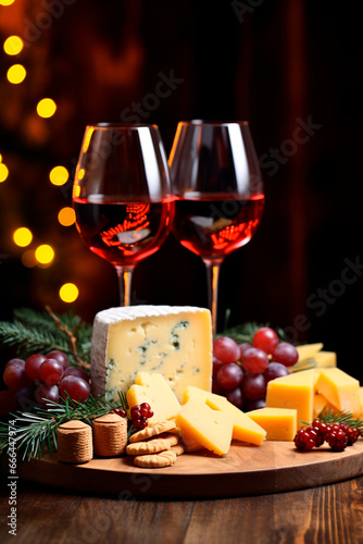 Wine and cheese on the background of the fireplace. Generative AI,