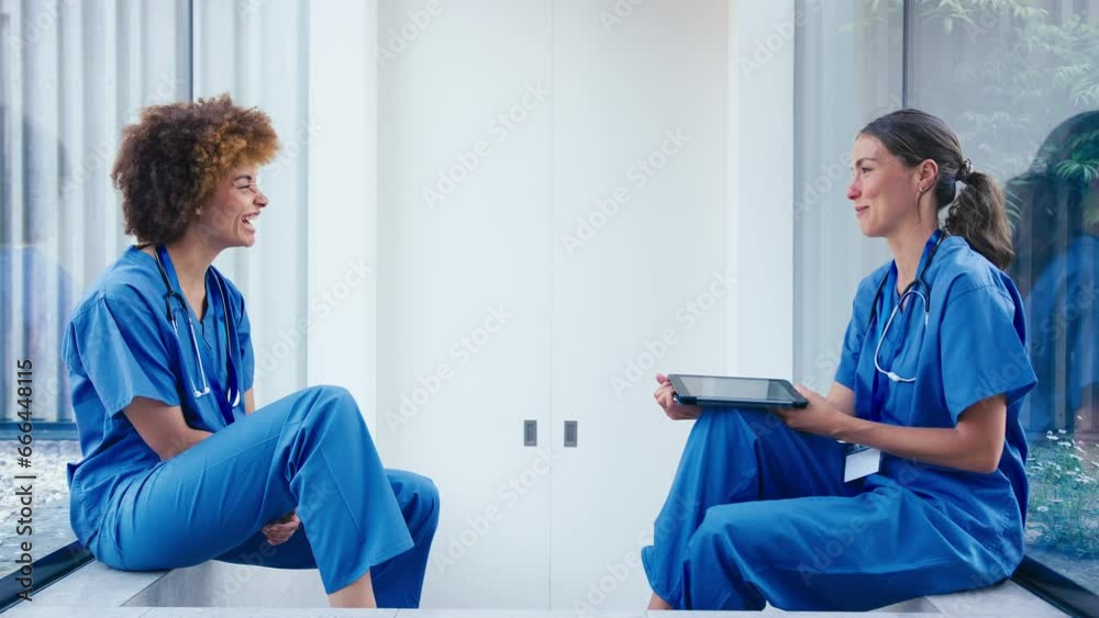 Two female doctors wearing scrubs with digital tablet taking a break talking together in hospital - shot in slow motion Two female doctors wearing scrubs with digital tablet taking a break talking together in hospital - shot in slow motion