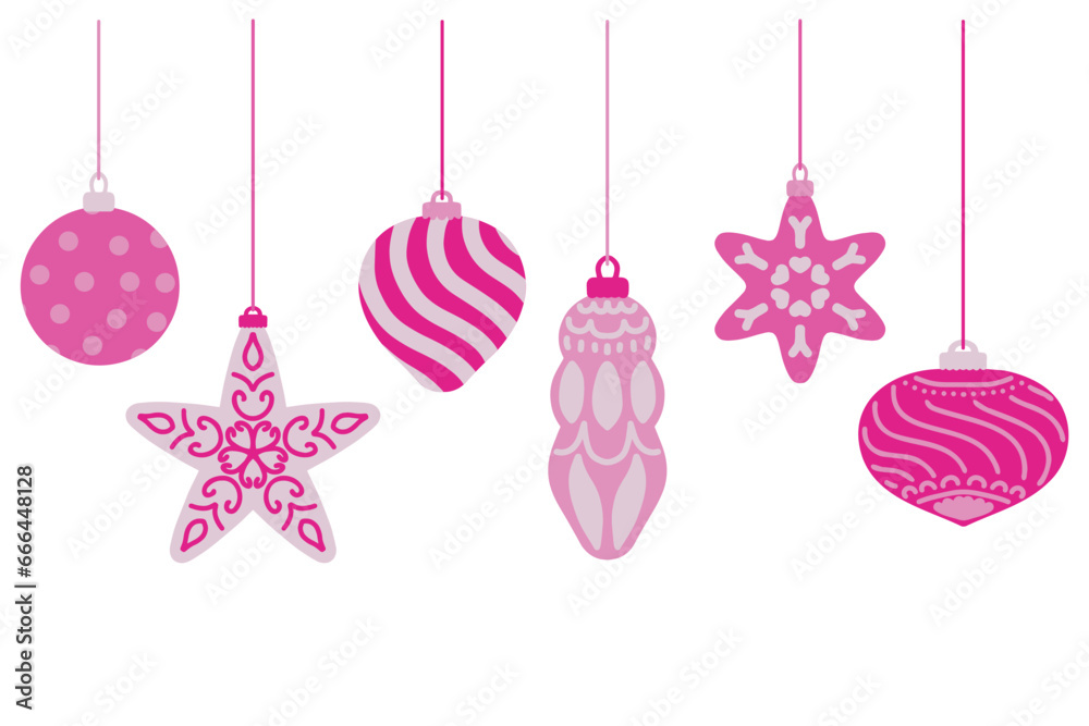 Set of Pink Christmas toys. Balls in Barbie color with hand drawing ornaments. Isolated collection for Xmas, new year design. Set of Pink Christmas toys. Balls in Barbie color with hand drawing ornaments. Isolated collection for Xmas, new year design.