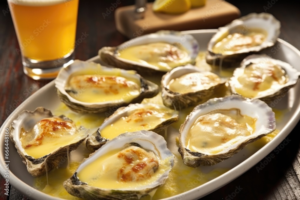 grilled oysters on half-shell with golden garlic sauce grilled oysters on half-shell with golden garlic sauce