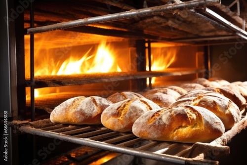 freshly baked bread coming out of an industrial oven