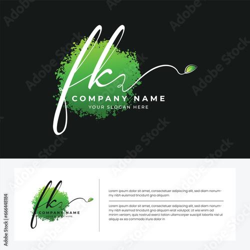 FK F K initial letter handwriting and signature logo and green leaf photo