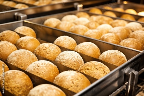 industrial baking tins full of unbaked bread rolls photo