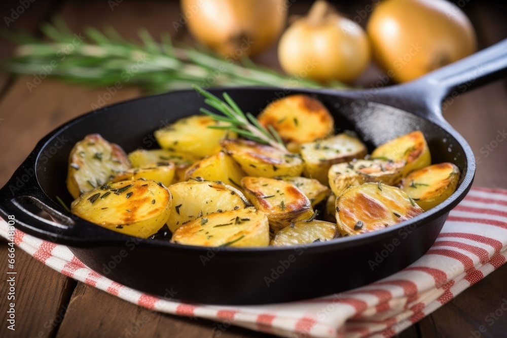 grilled potatoes with rosemary in a cast-iron skillet, wooden spoon nearby