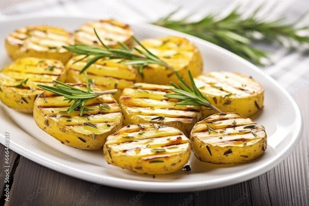 grilled potatoes with rosemary sprigs on a white plate