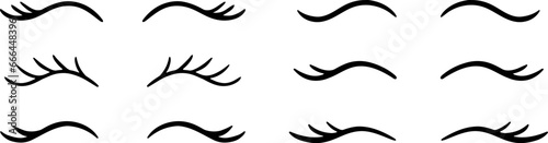 Closed eye with eyelashes cute vector icon set for cartoon character illustration. Sleep girl or unicorn long eyelash line simple face part graphic makeup mascara symbol. 