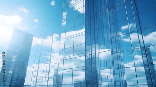 Reflective skyscrapers, business office buildings. Low angle photography of glass curtain wall details of high-rise buildings.The window glass reflects the blue sky and white clouds. Generative AI © Lucky Ai