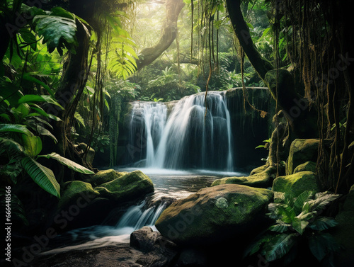 A stunning waterfall cascades through a vibrant rainforest  surrounded by lush greenery and trees.