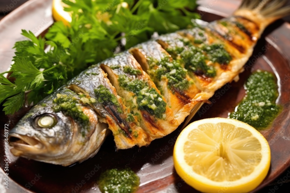 close-up of a grilled sea bass with parsley sprinkled on top close-up of a grilled sea bass with parsley sprinkled on top