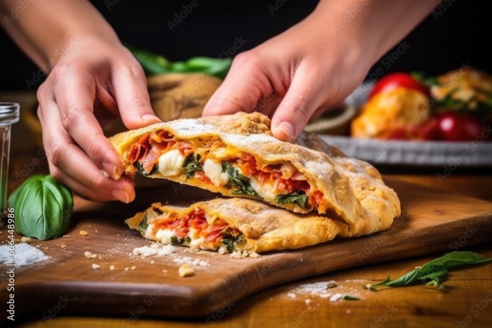 hand holding a slice of calzone over a pizza stone