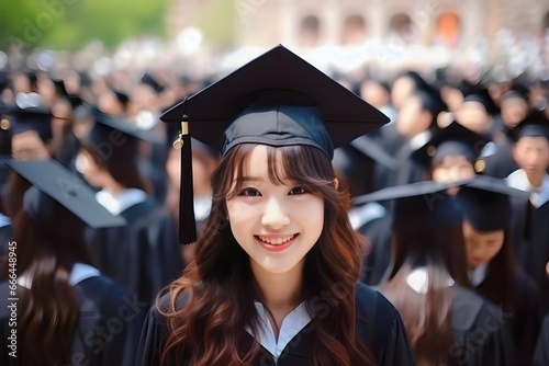 A young asian female graduate against the background of university graduates