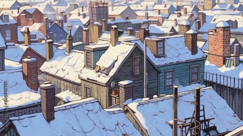 Snow-covered rooftops in a simplified design. AI generated © PandaStockArt