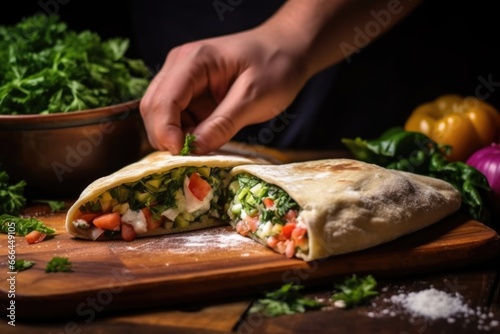 hand placing sliced veggies into an open calzone