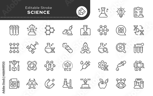 Set of science line concept web icons in outline linear style. Icon - flasks, test tubes, laboratory, scientific knowledge and types of sciences. Vector pack.
