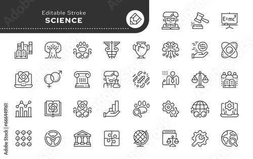 Set of science line concept web icons in outline linear style. Icon - flasks, test tubes, laboratory, scientific knowledge and types of sciences. Vector pack.