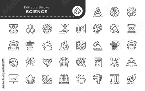 Set of science line concept web icons in outline linear style. Icon - flasks, test tubes, laboratory, scientific knowledge and types of sciences. Vector pack.